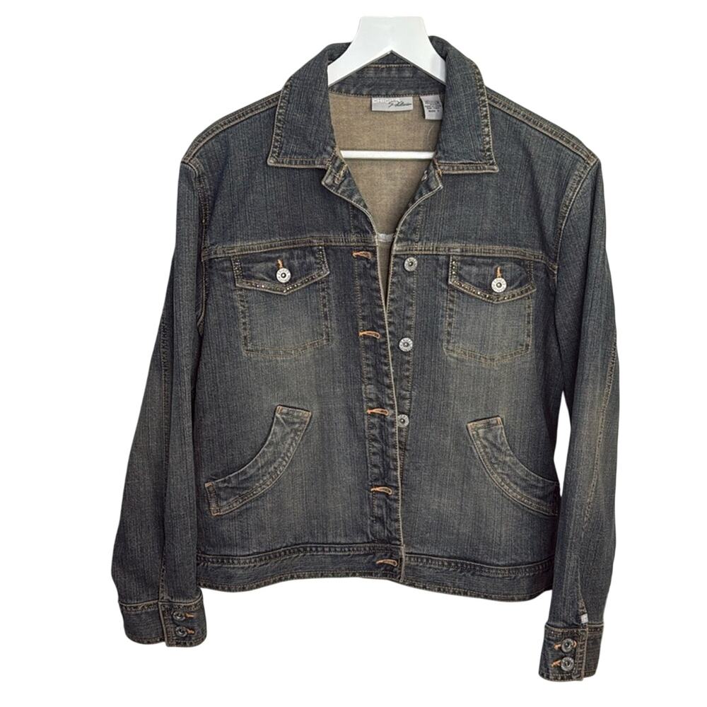 Chicos Platinum Denim Crystal Studded Medium Wash Jean Jacket W1123 Sz M